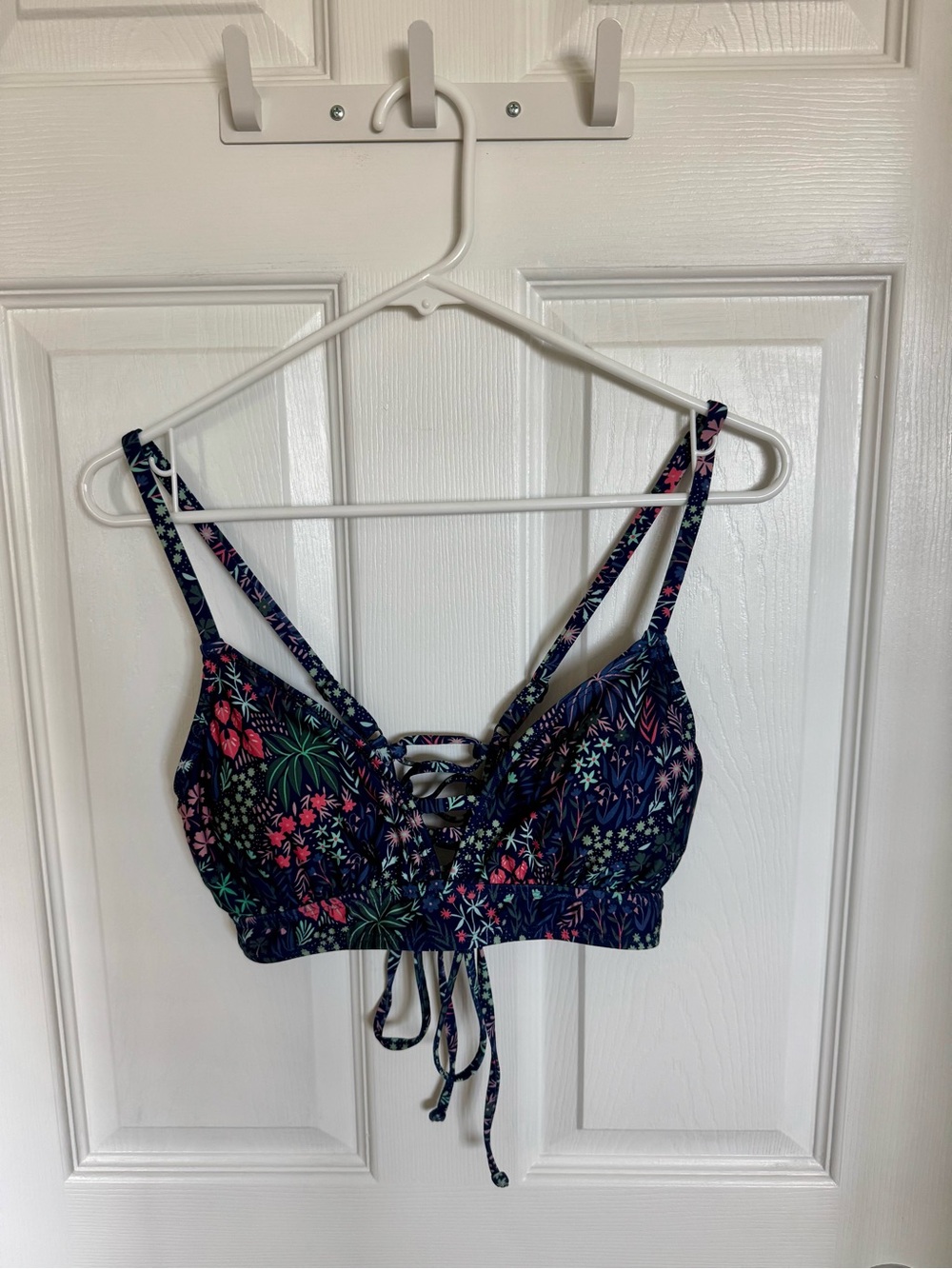 Title Nine Floral Lace-Up Bikini Top - Navy with Pink & Green Floral Print